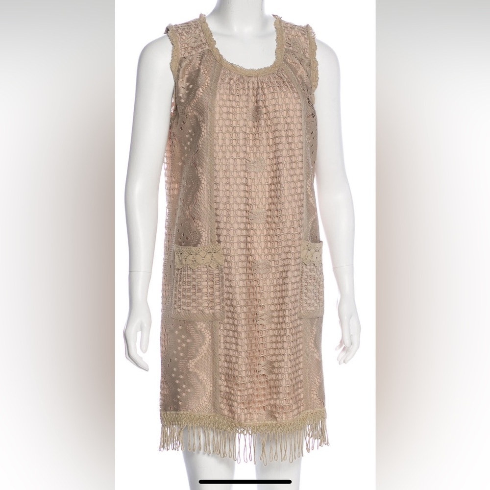 Anna Sui crochet and fringe beige crew neck sleeveless mini fully lined